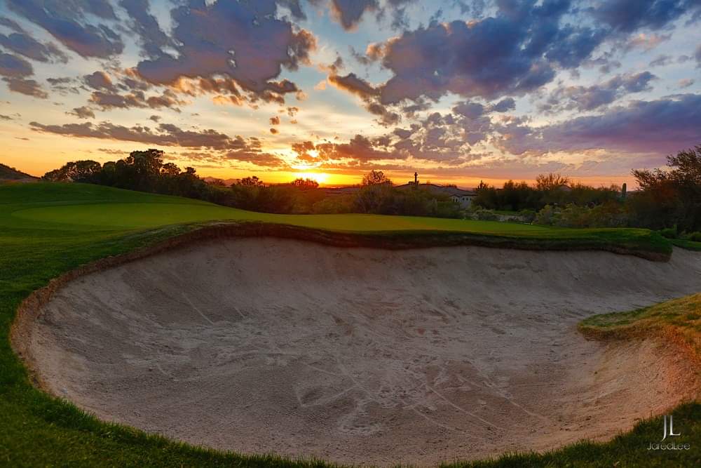 Bunker and sunset at Las Sendas Golf Club